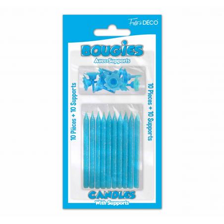 10 bougies pailletées avec supports Bleu