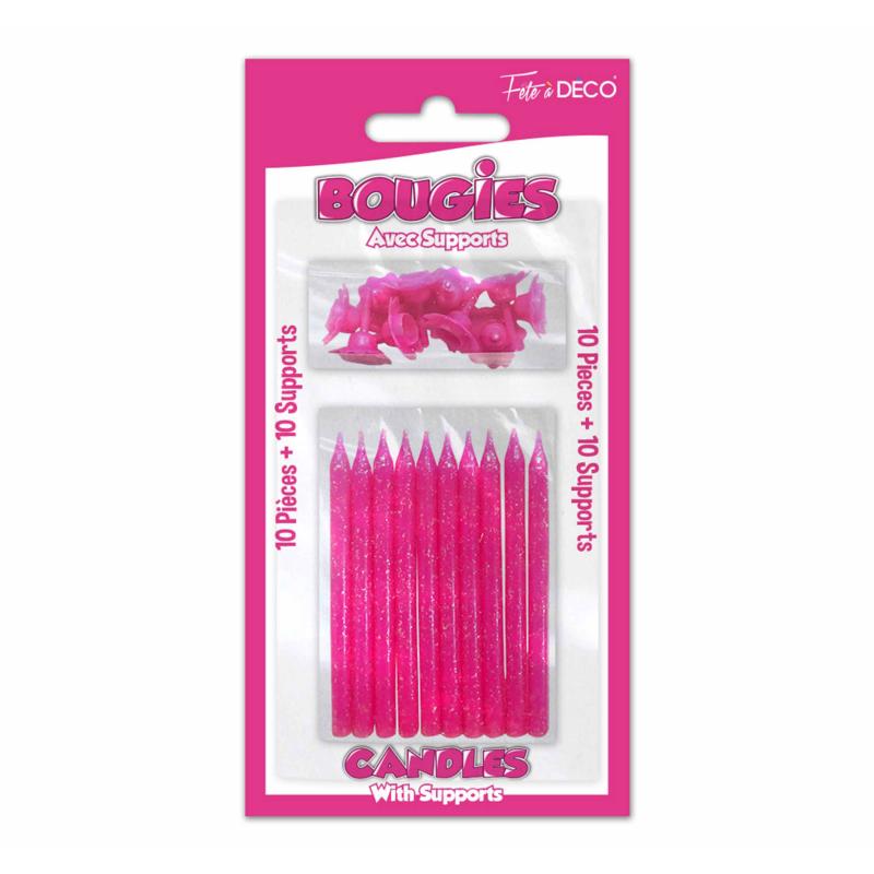 10 bougies pailletées avec supports Fuchsia