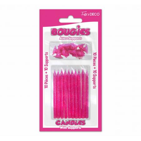 10 bougies pailletées avec supports Fuchsia