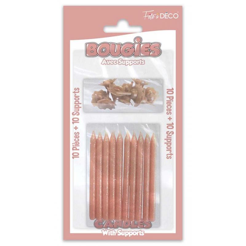 10 bougies pailletées avec supports Rose Gold