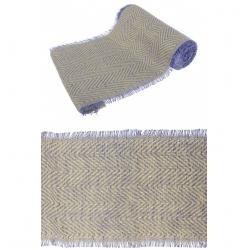 CHEMIN DE TABLE JUTE CHEVRONS NATUREL/BLEU FRANGE 29CMX3M