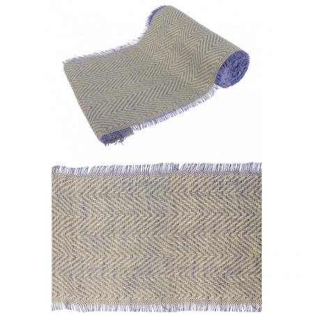 CHEMIN DE TABLE JUTE CHEVRONS NATUREL/BLEU FRANGE 29CMX3M