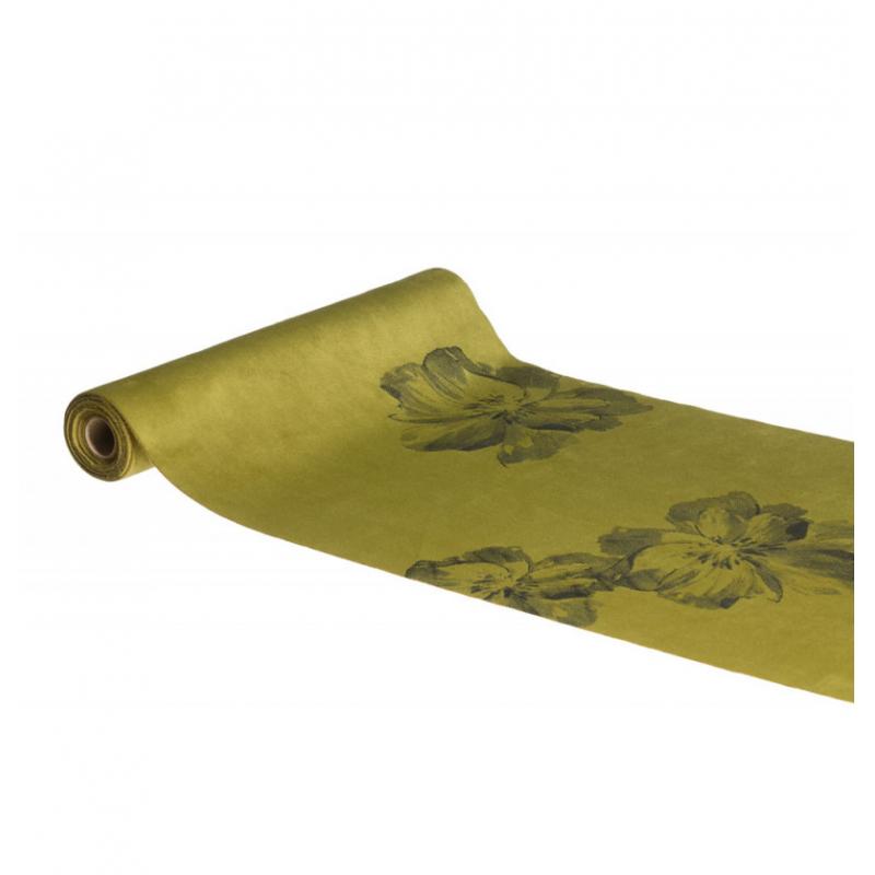 CHEMIN DE TABLE VELOURS VERT OLIVE IMPRIME FLEURS 28X300CM