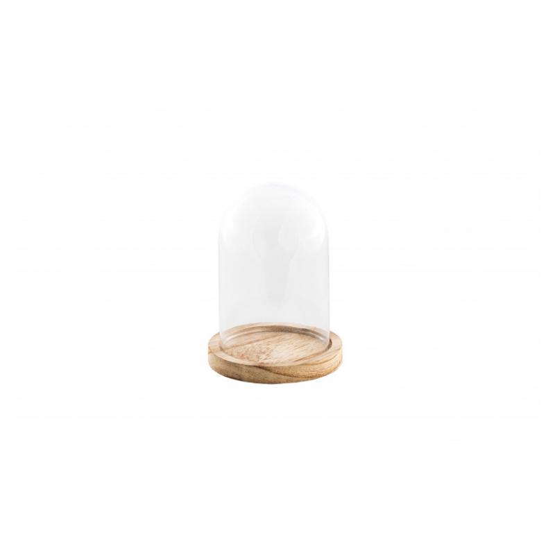 CLOCHE VERRE SUR SUPPORT BOIS DIA 10CM X 13.7CM HT