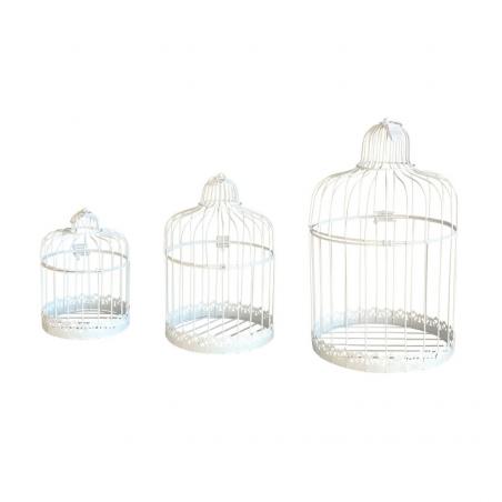 SET 3 CAGES METAL BLANC VINTAGE DIA 15CMX22CM/DIA20CMX32CM/25CMX41CM