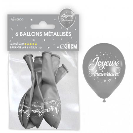 Sachet de 6 ballons métal argent Joyeux anniversaire