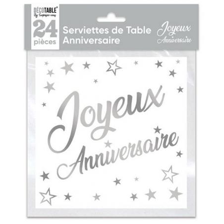 Serviettes de table x24 métallisée Argent Joyeux Anniversaire