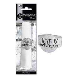 6 Ronds de serviette paillettes Joyeux Anniversaire  Argent