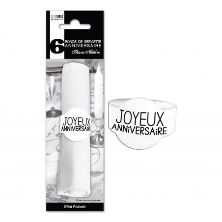 6 Ronds de serviette paillettes Joyeux Anniversaire  Blanc