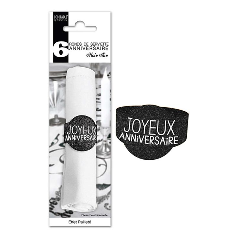 6 Ronds de serviette paillettes Joyeux Anniversaire  Noir