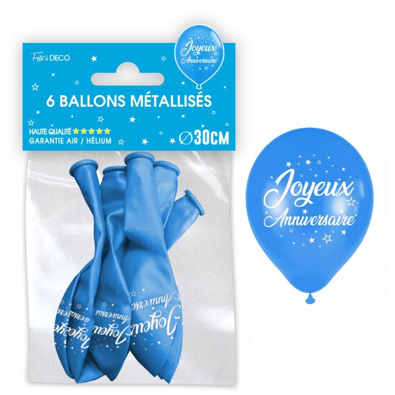 6 ballons métallisés Joyeux Anniversaire Bleu