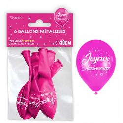 6 ballons métallisés Joyeux Anniversaire Fuchsia