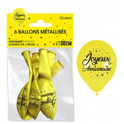 6 ballons métallisés Joyeux Anniversaire Jaune