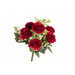 BOUQUET 6 ROSES ROUGES AV FEUILLAGES 43CM HT