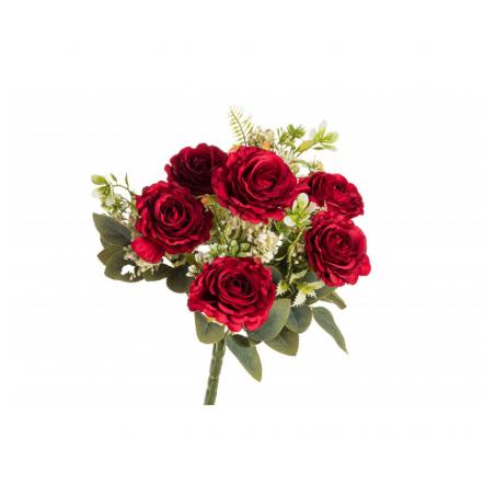 BOUQUET 6 ROSES ROUGES AV FEUILLAGES 43CM HT