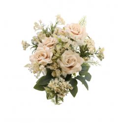 BOUQUET DE 5 ROSES AV FEUILLAGES 40.5CM IVOIRE/SAUMON