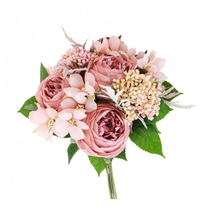 BOUQUET FLEURS VIEUX ROSE DIA 20CM HT 29CM