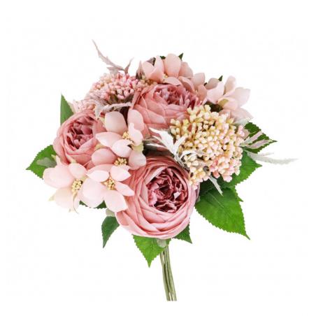 BOUQUET FLEURS VIEUX ROSE DIA 20CM HT 29CM