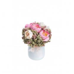 BOUQUET RENONCULES BLANC/ROSE DANS POT VERRE DIA 10CM X 12.5CM HT