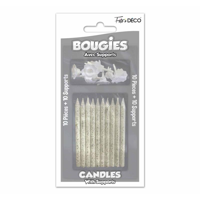 10 bougies pailletées avec supports Blanc Albâtre